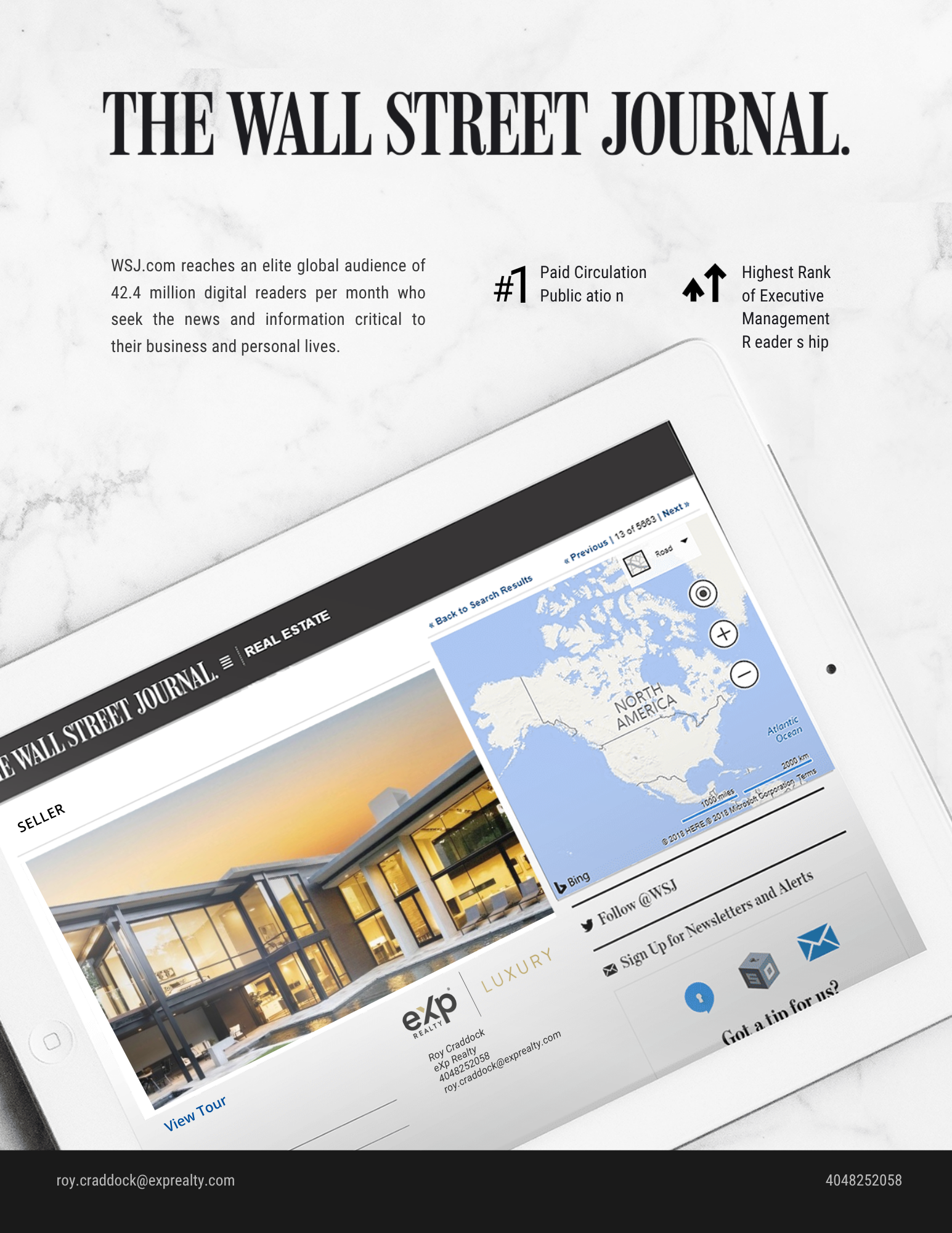 The Wall Street Journal real estate feature shown on a tablet with a luxury property listing