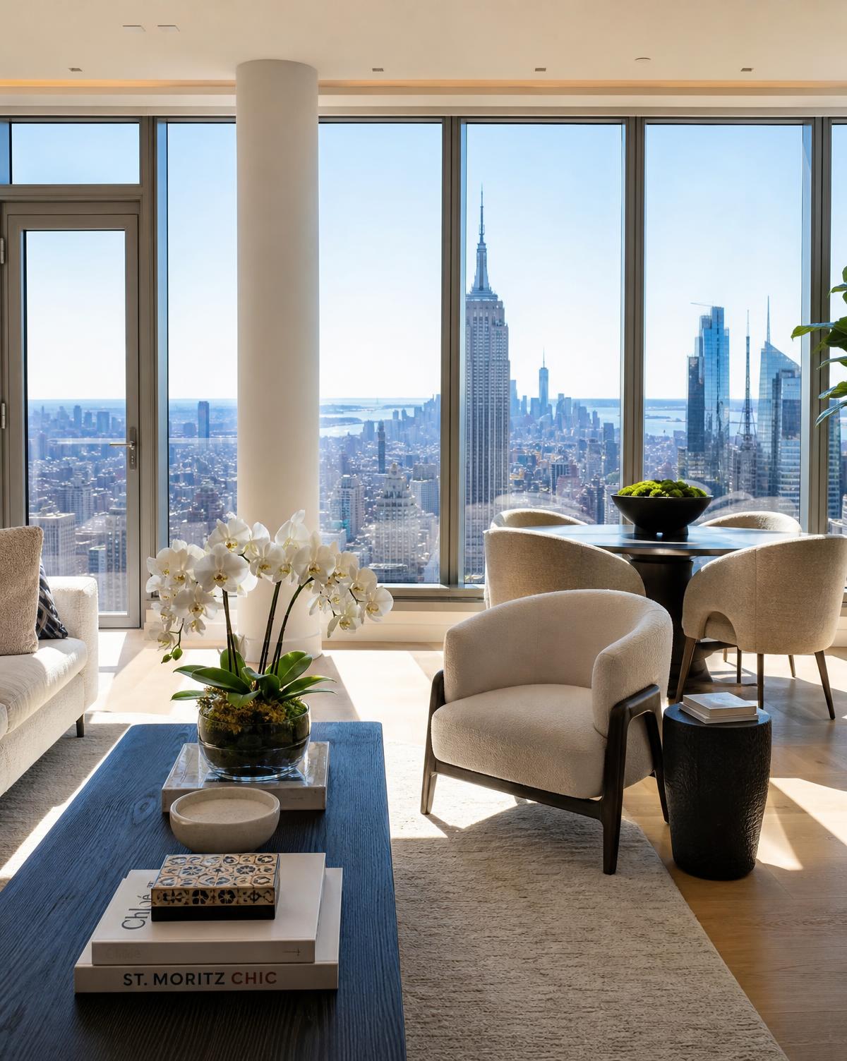 A high-floor city residence with floor-to-ceiling windows overlooking the skyline