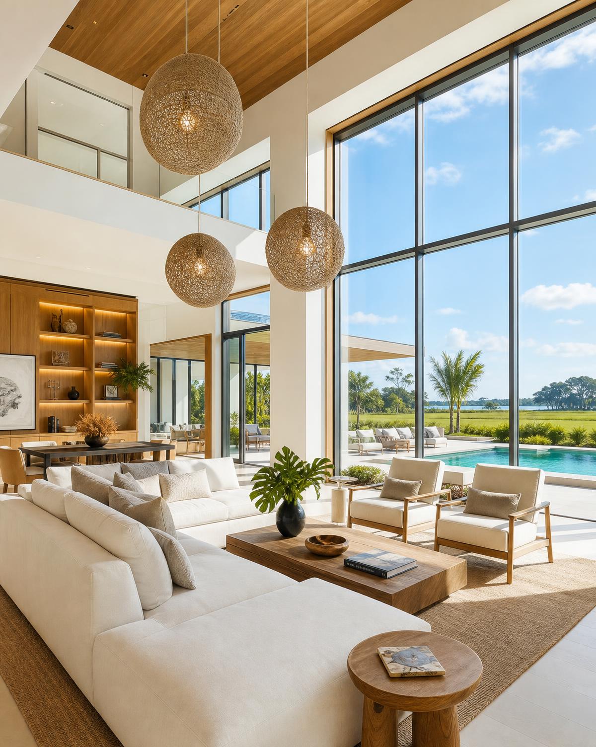 A double-height modern living room opening to a pool and waterfront lawn
