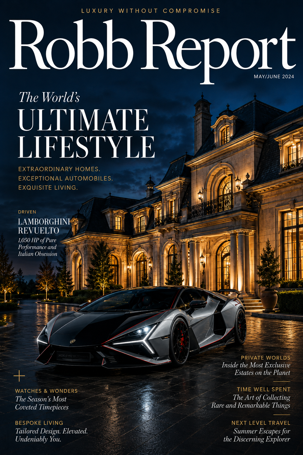 Robb Report cover featuring an illuminated estate and a luxury sports car