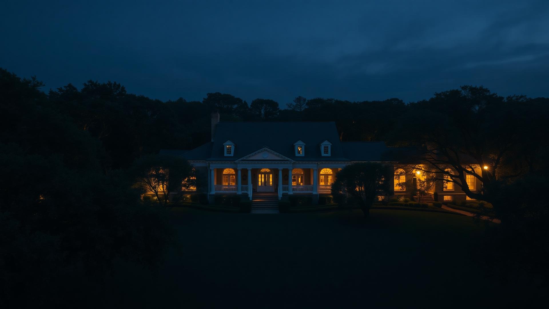 A Southern luxury estate at dusk framed by mature oaks